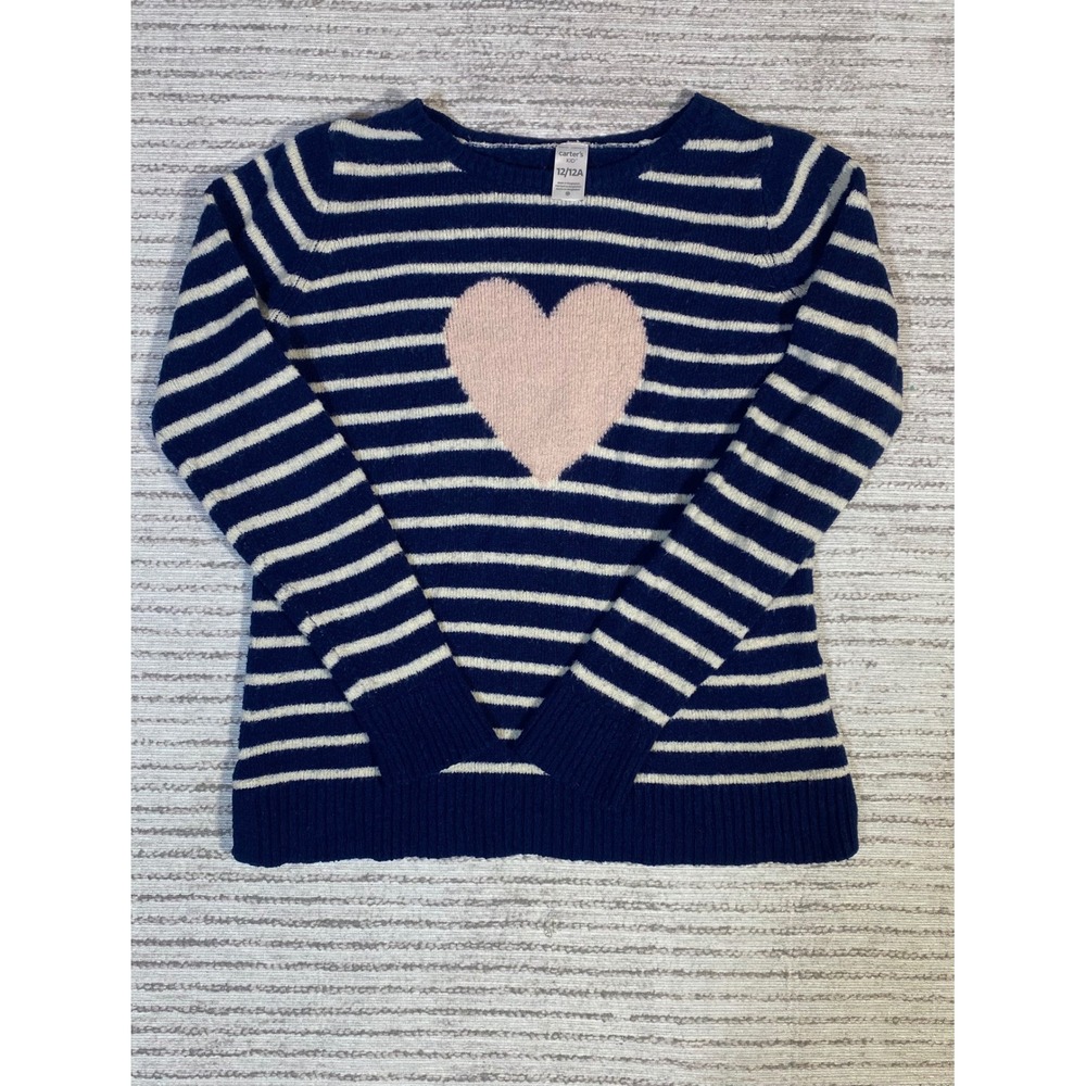 Carters Kid Girls Navy Blue White Striped Pink Heart Knit Sweater Size 12 12A